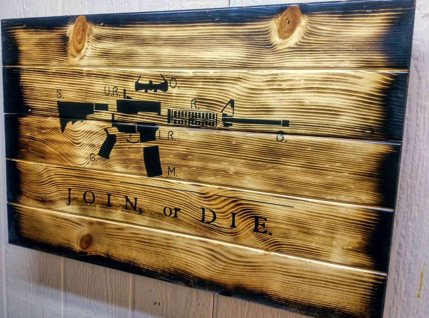 Charred AR-15 "Join or Die" Hidden Gun Storage Sign