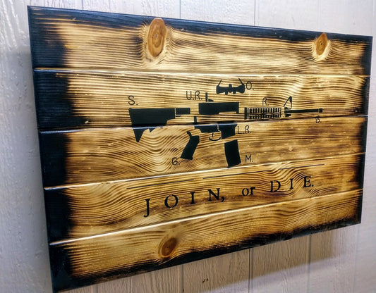 Charred AR-15 "Join or Die" Hidden Gun Storage Sign