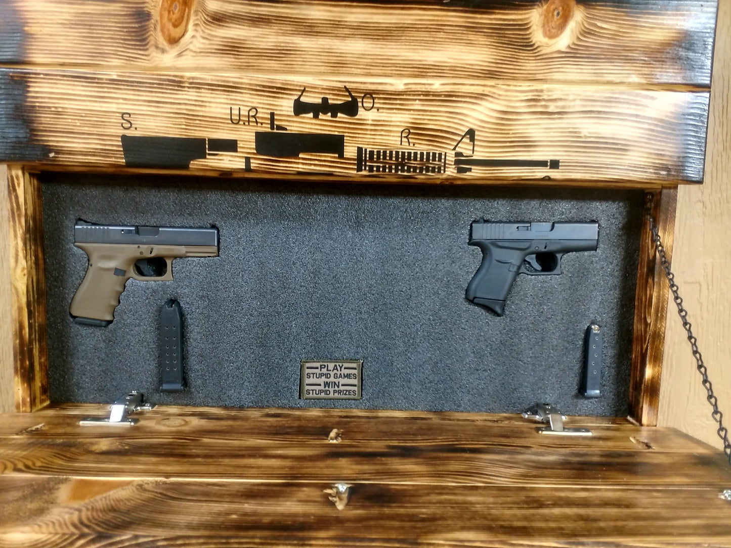 Charred AR-15 "Join or Die" Hidden Gun Storage Sign