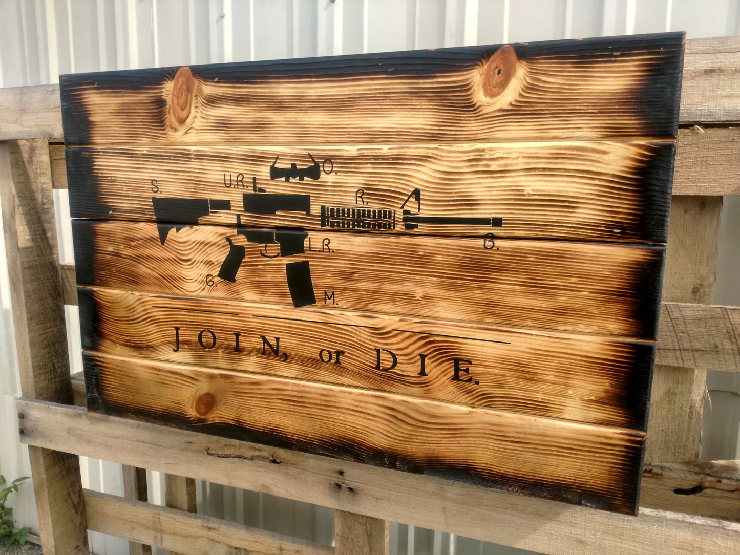 Charred AR-15 "Join or Die" Hidden Gun Storage Sign