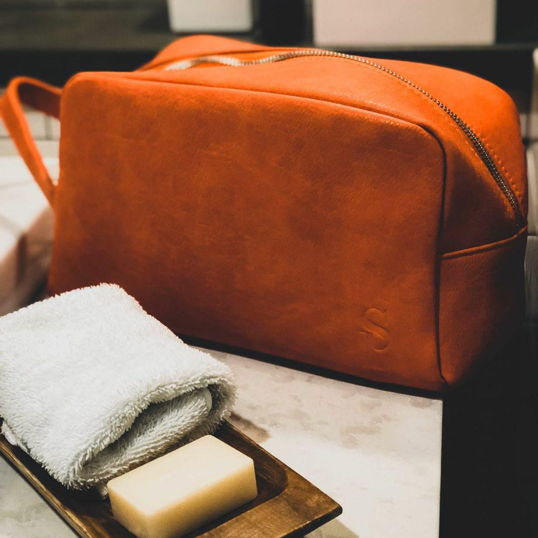 Orange Tumbled Leather Toiletry Bag