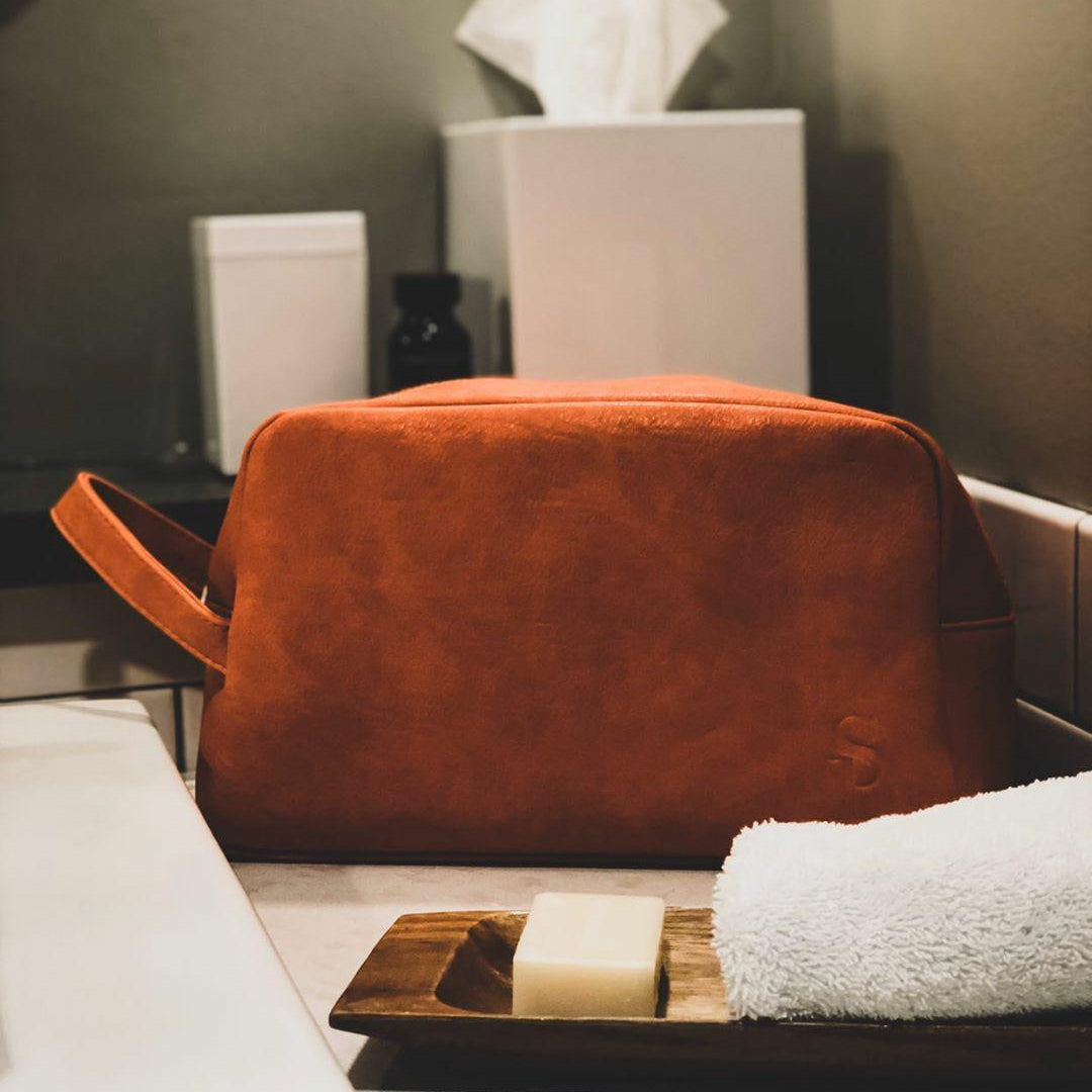 Orange Tumbled Leather Toiletry Bag
