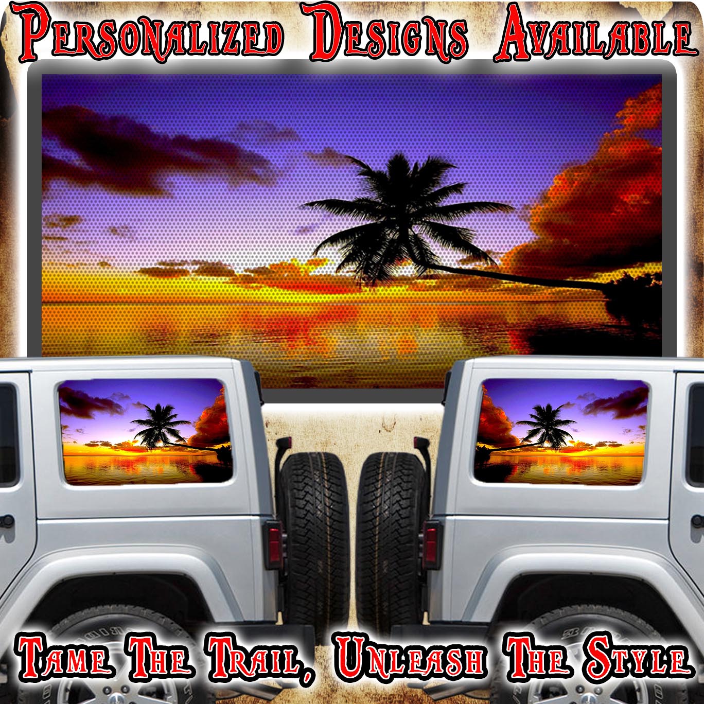 Sunset palm Rear quarter window see through graphic.