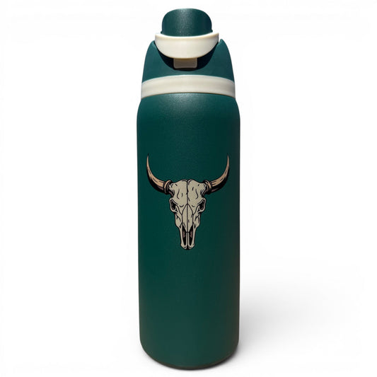 The Longhorn Hydration Bottle | 32oz Insulated Stainless Steel | Flip Straw Lid w/ Handle