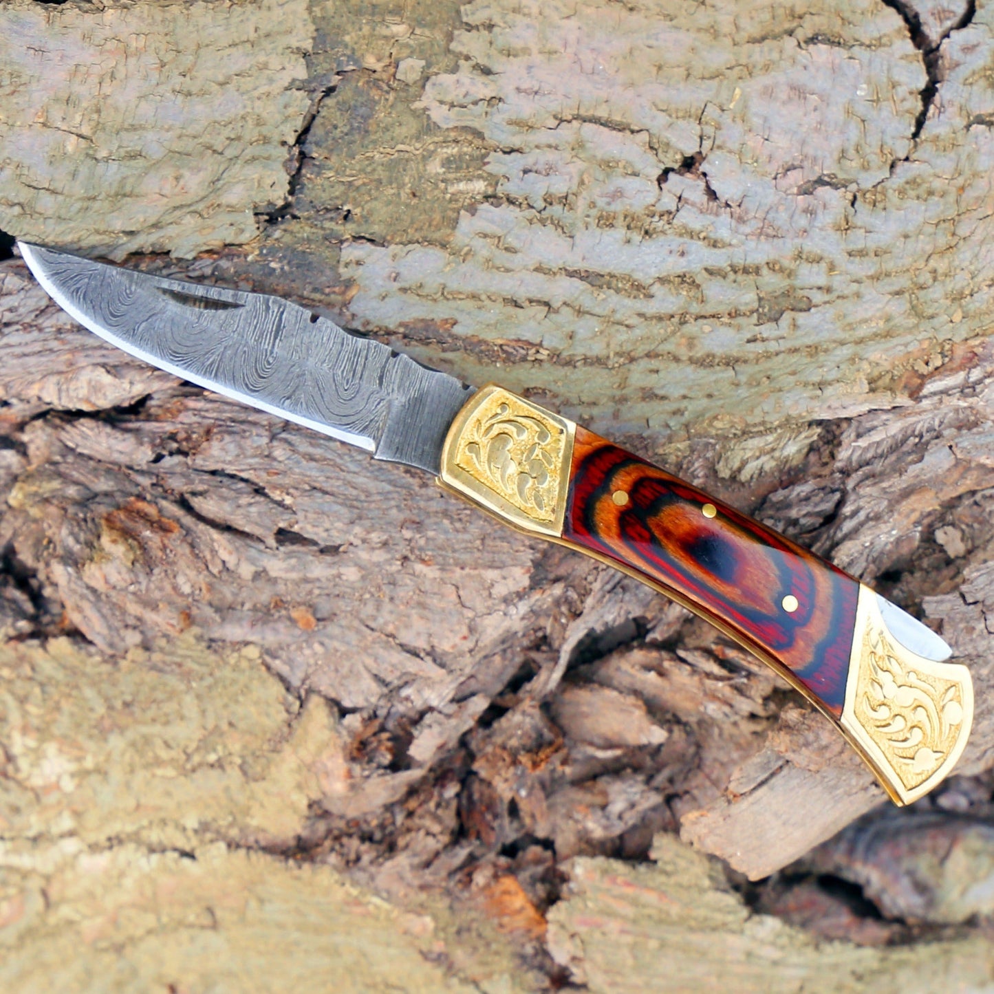 Custom Hand Forged Damascus Folding Knife With Engraved Brass Bolster & Wood Handle