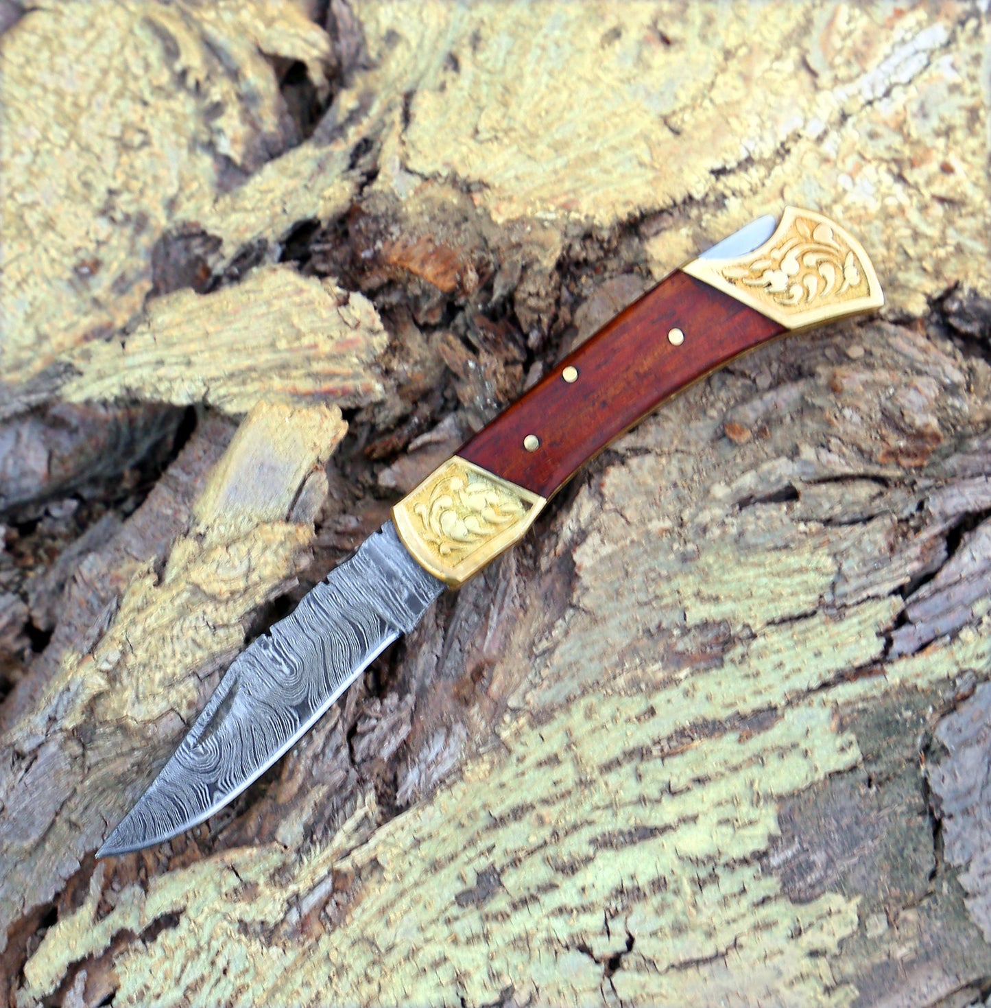 Custom Hand Made Damascus Steel Hunting Folding Knife With Brass Bolster & Stained Wood Handle WH 2597