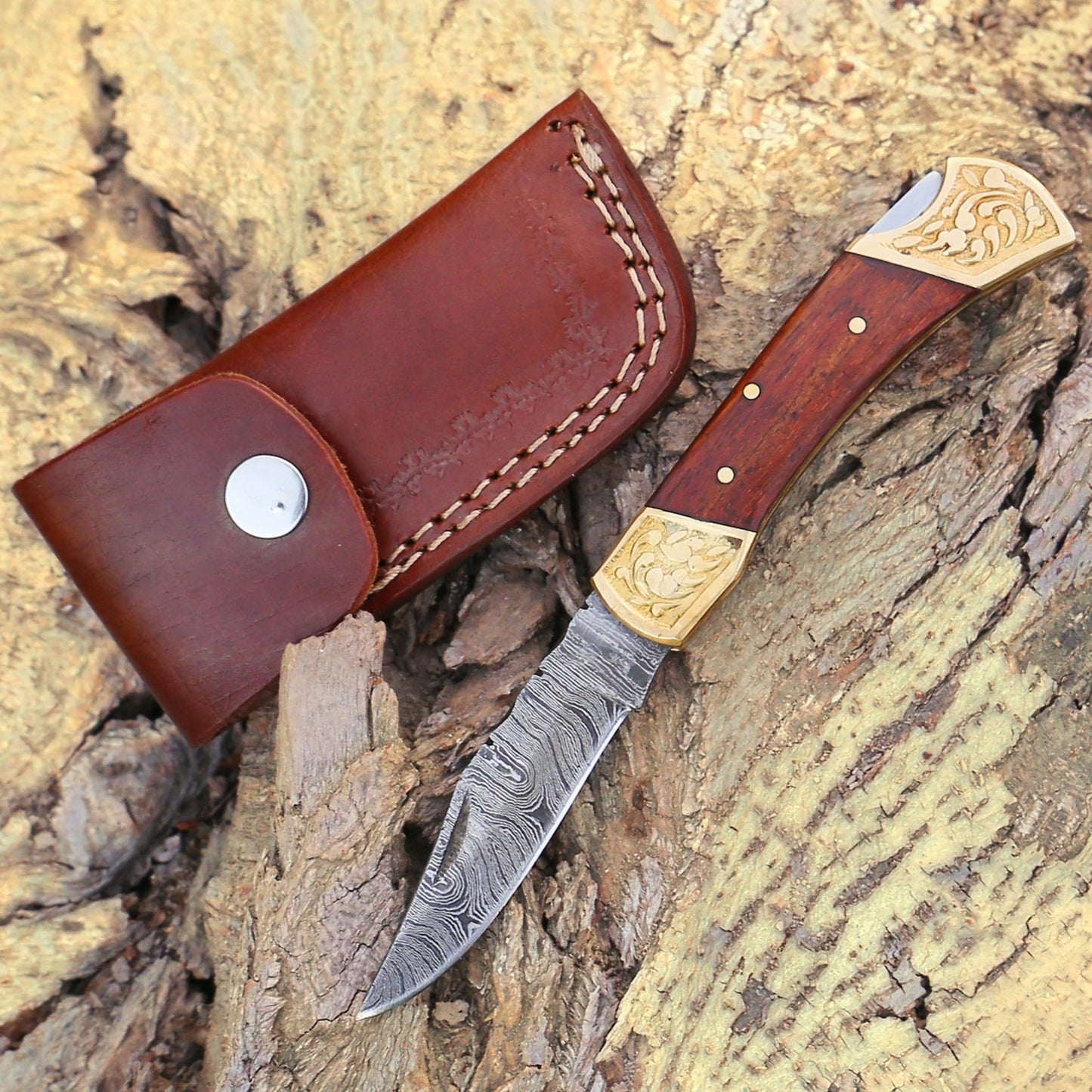 Custom Hand Forged Damascus Folding Knife Engraved Bolster With Rose Wood Handle WH 1559