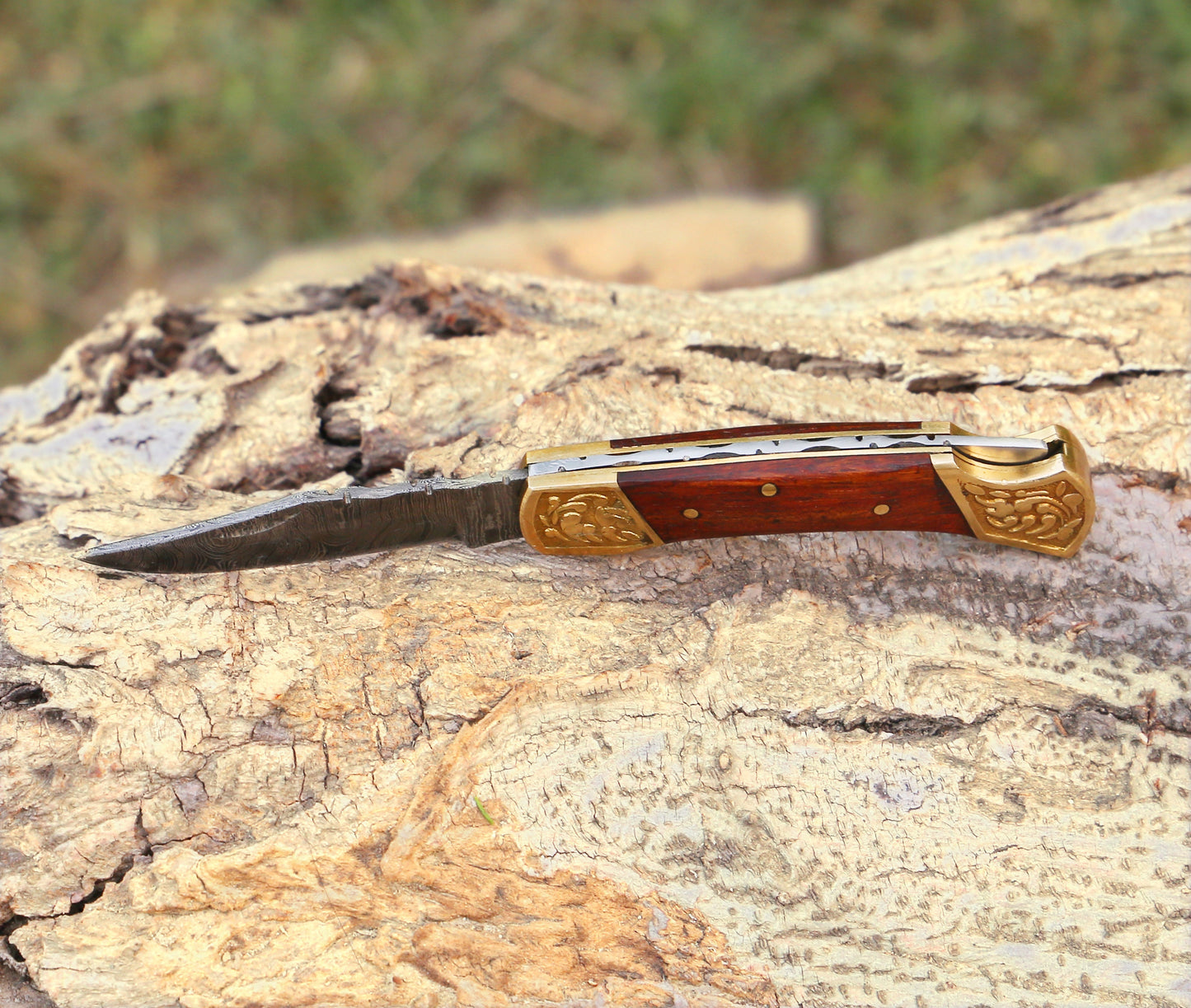 Custom Hand Made Damascus Steel Hunting Folding Knife With Brass Bolster & Stained Wood Handle WH 2597