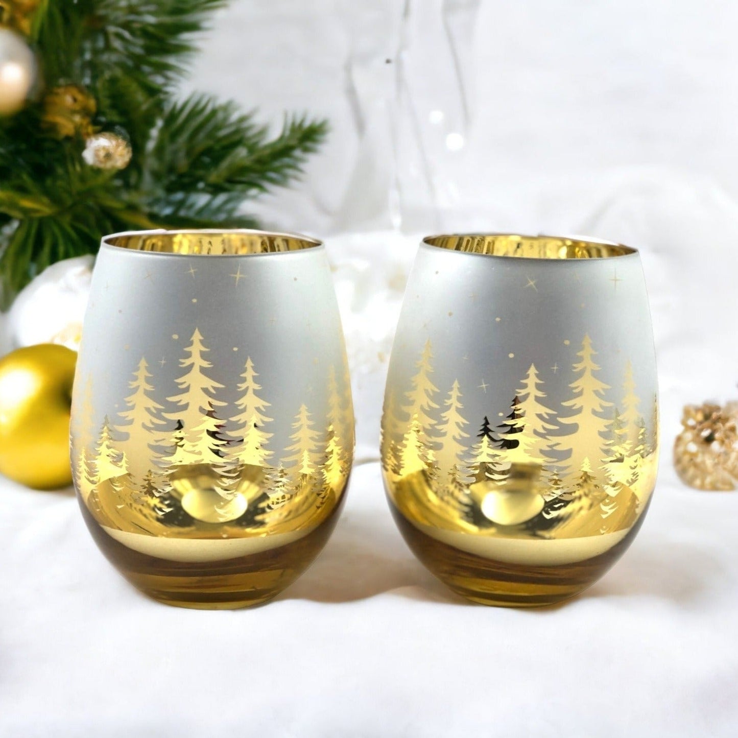 Gold Pine Tree Stemless Wine Glasses
