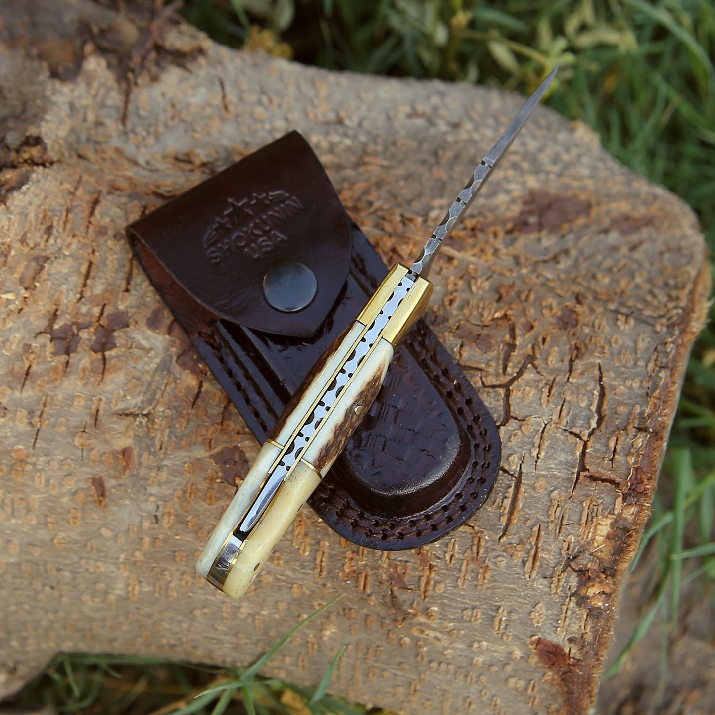 Antler Edge Damascus Pocket Knife with Staghorn & Bone Handle