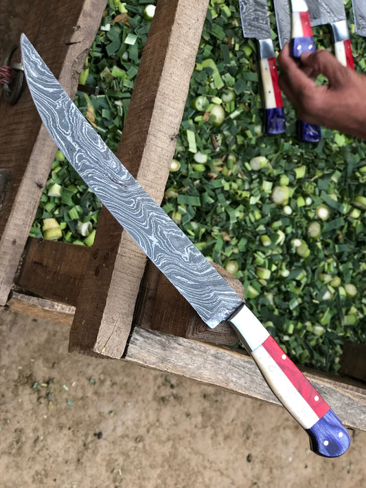 Texas Flag Handle Damascus Steel Handmade Fillet Boning Knife with Blue and Red Exotic Wood and Bone Handle, 12.5 Inches