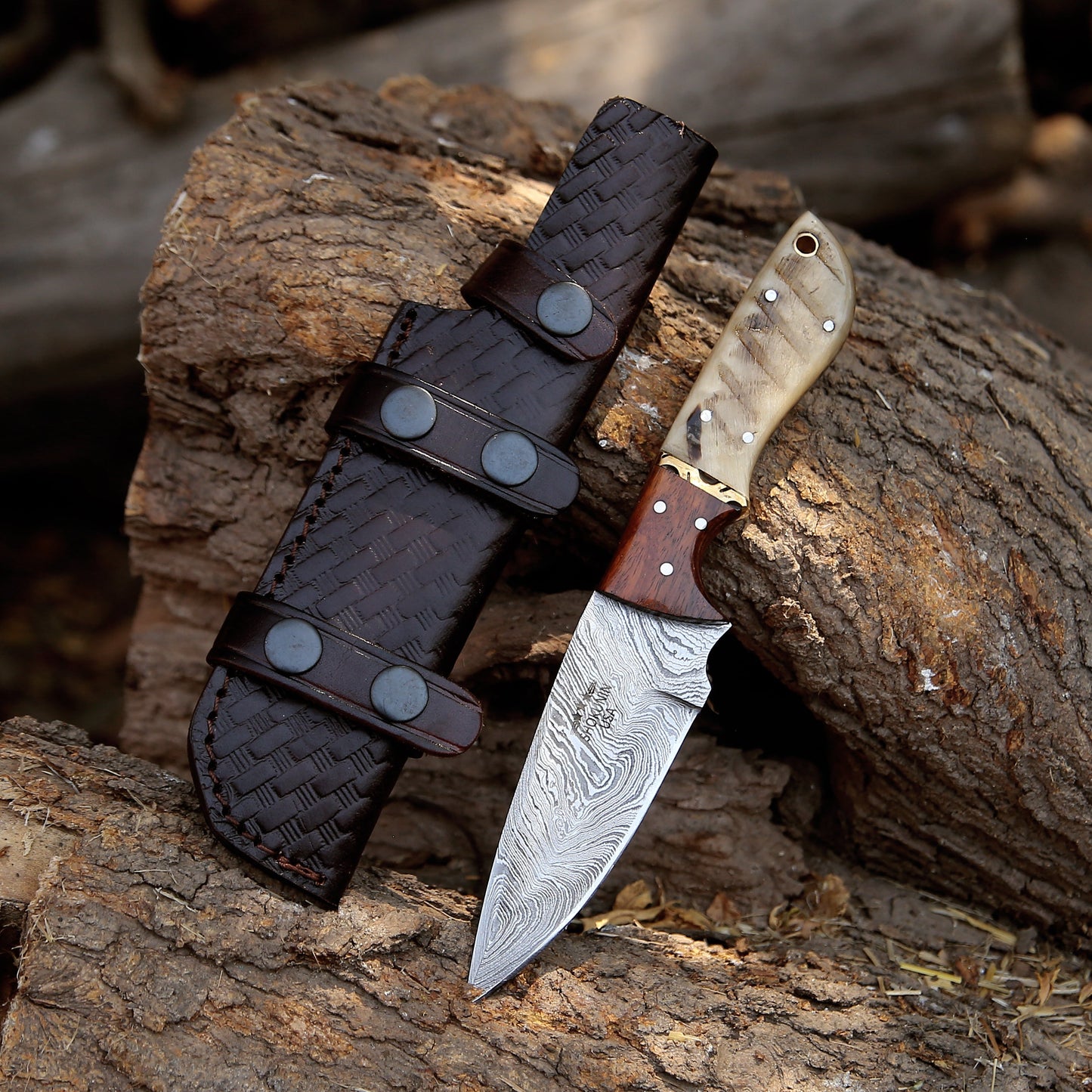 Starlight Damascus Hunting Knife with Exotic Rosewood & Ram Horn Handle