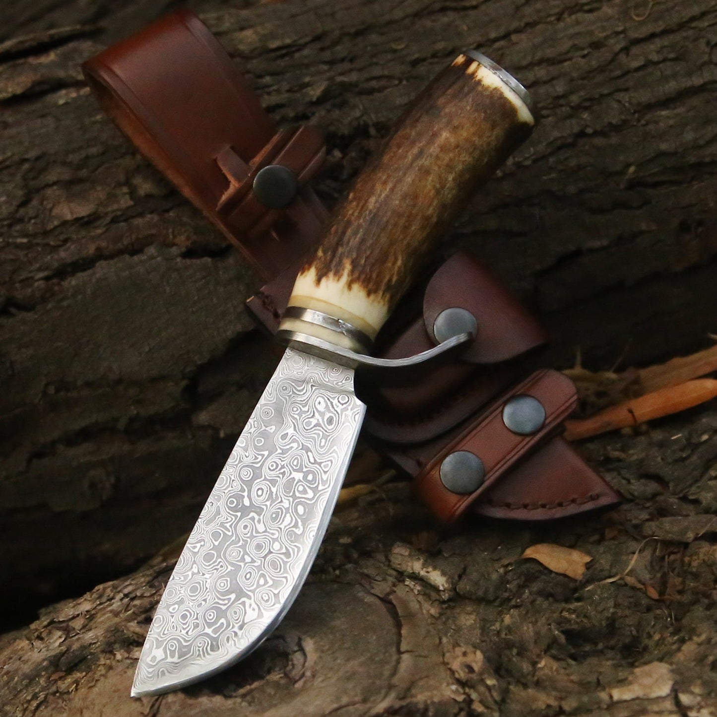 Serpent Damascus Hunting Knife with Antler Handle