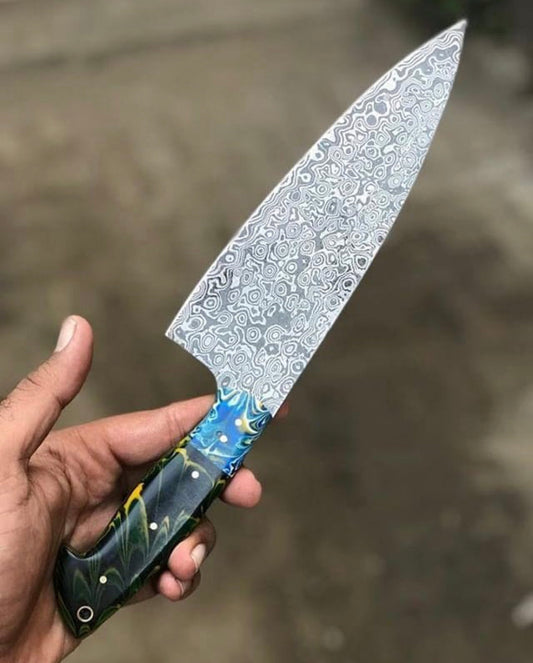 Custom Handmade Raindrop Damascus Chef Knife – Resin Handle, 13"