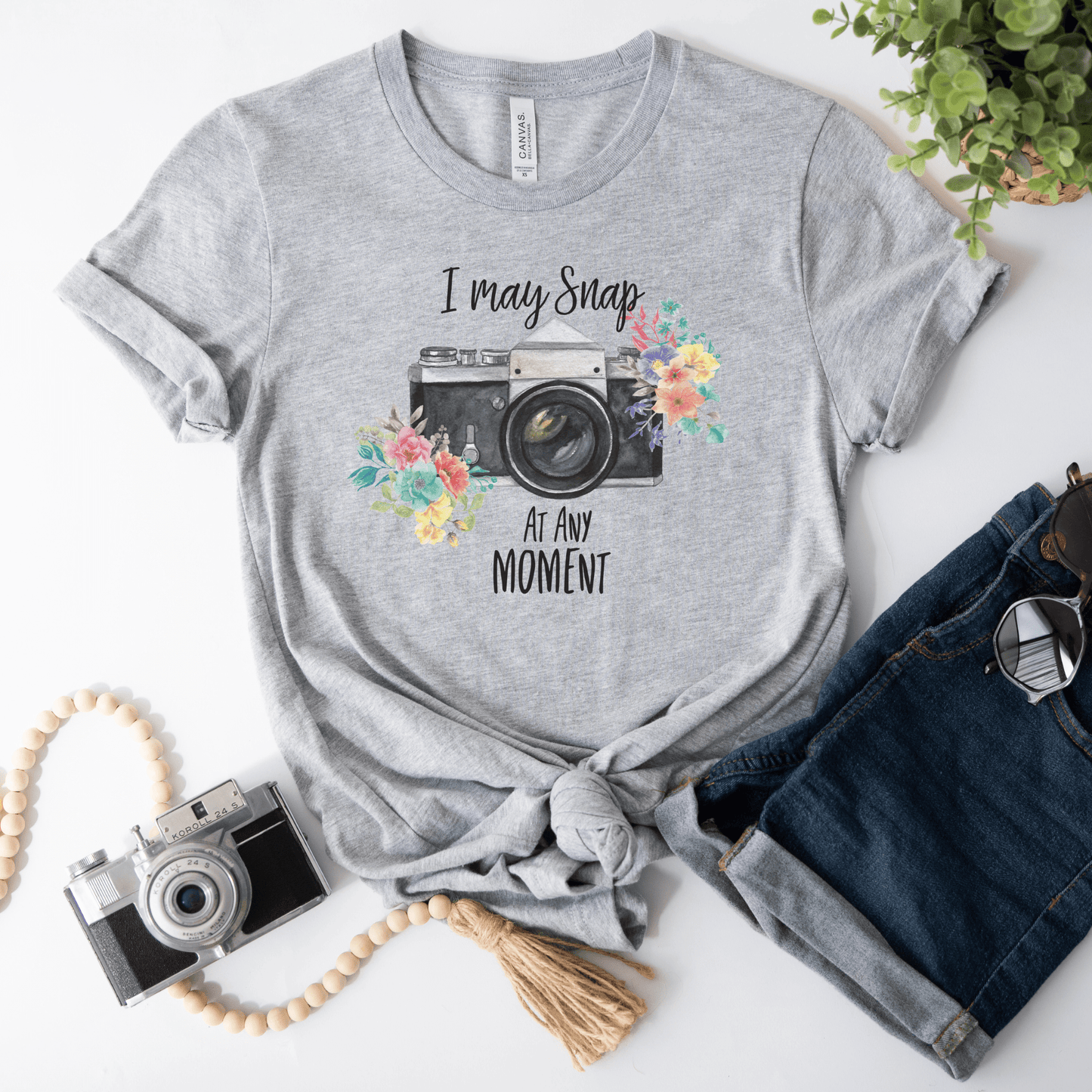 I May Snap at Any Moment Floral Camera T-Shirt