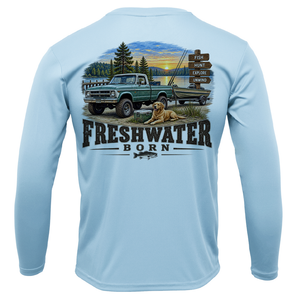 Freshwater Born- Fish, Hunt, Explore, Unwind Boy's UPF 50+ Dry-Fit Shirt