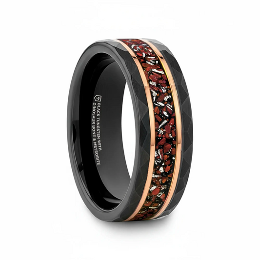 INFERNO Black/Rose Hammered Tungsten Carbide Ring with Dinosaur Bones and Meteorite – 8mm