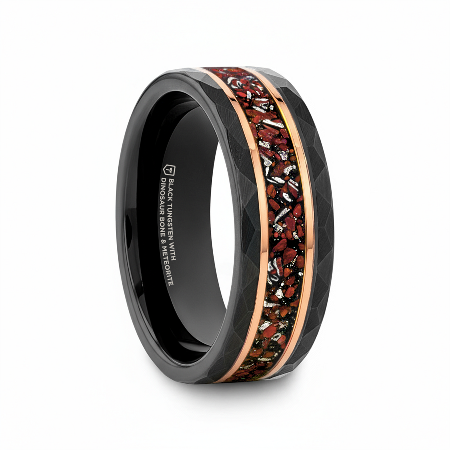 INFERNO Black/Rose Hammered Tungsten Carbide Ring with Dinosaur Bones and Meteorite – 8mm