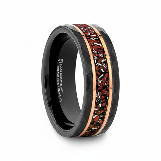 INFERNO Black/Rose Hammered Tungsten Carbide Ring with Dinosaur Bones and Meteorite – 8mm