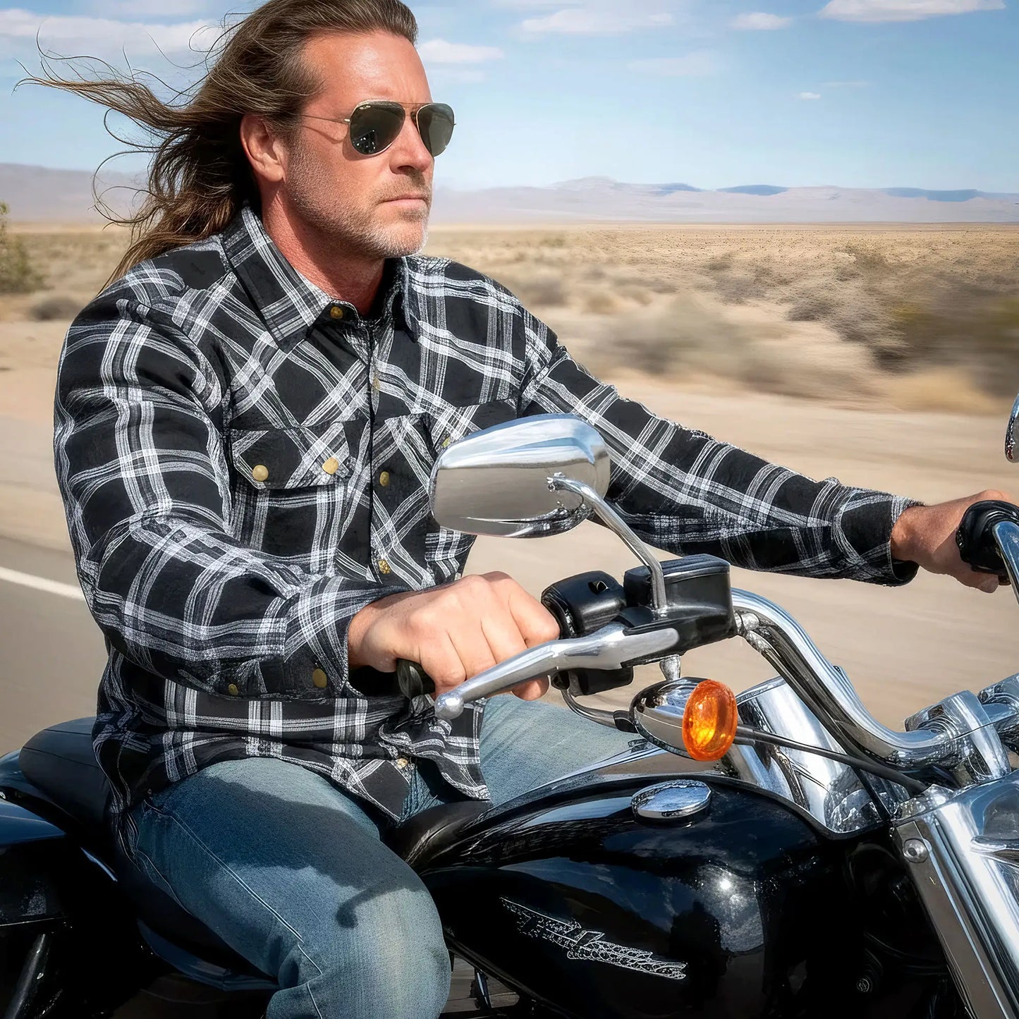 Hot Leathers Men's 'Road Wolf' White/Black Cotton Flannel Shirt - Button Front - Riding Protective Wear - JKM3002