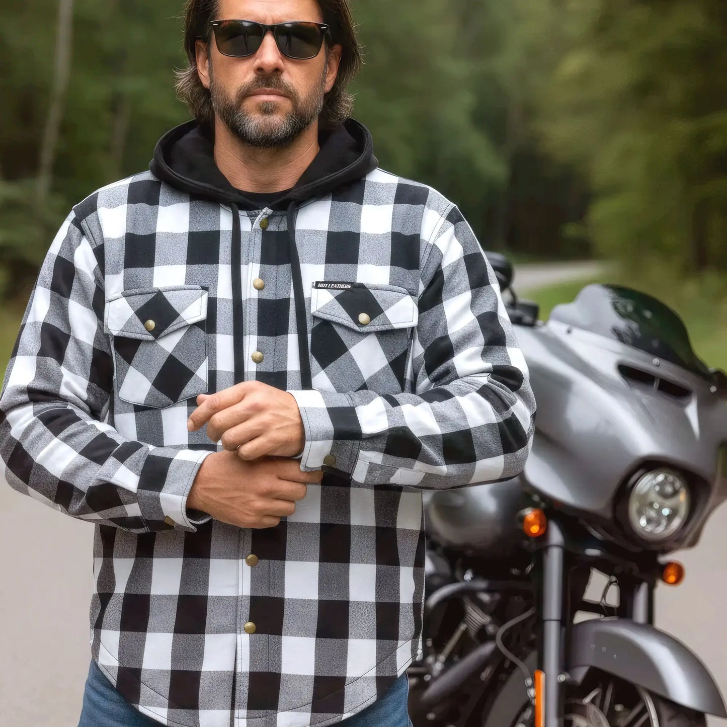 Hot Leathers Men's 'Death March' White/Black Cotton Flannel Shirt - Button Front - Riding Protective Wear - JKM3006