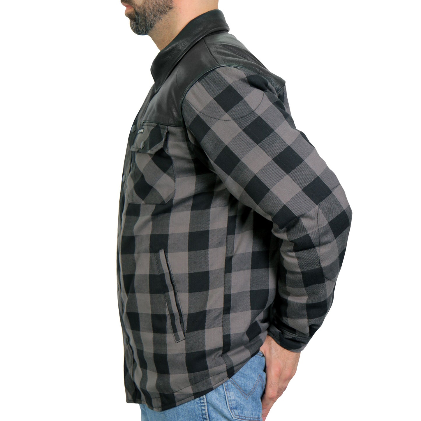 Hot Leathers Men's 'Black Flag' Gray/Black Cotton Flannel Shirt - Button Front - Riding Protective Wear - JKM3203