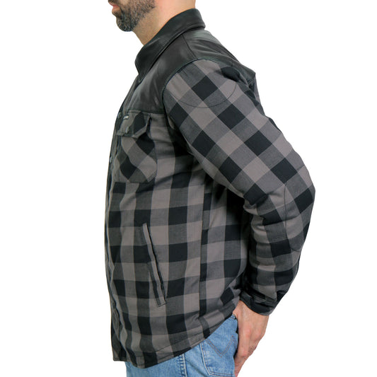 Hot Leathers JKM3203 Men's Motorcycle style Grey and Black Reinforced Leather and Plaid Flannel Biker Shirt