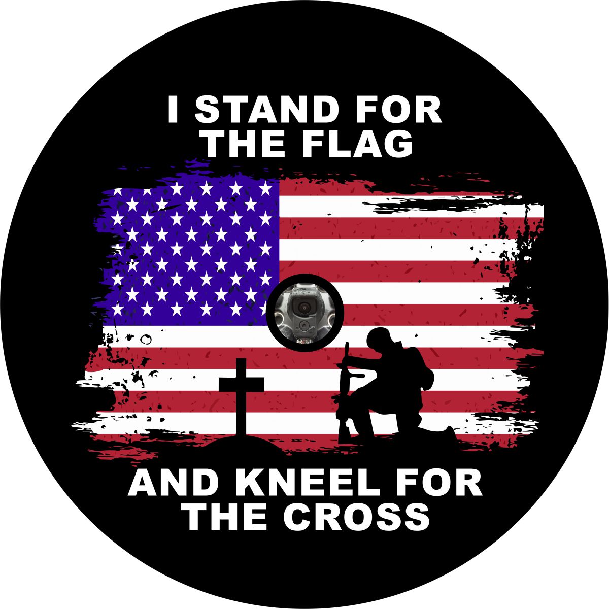 I Stand For The Flag and Kneel For The Cross Spare Tire Cover - Jeep, Bronco, RVs, Campers, Vans, Trailers
