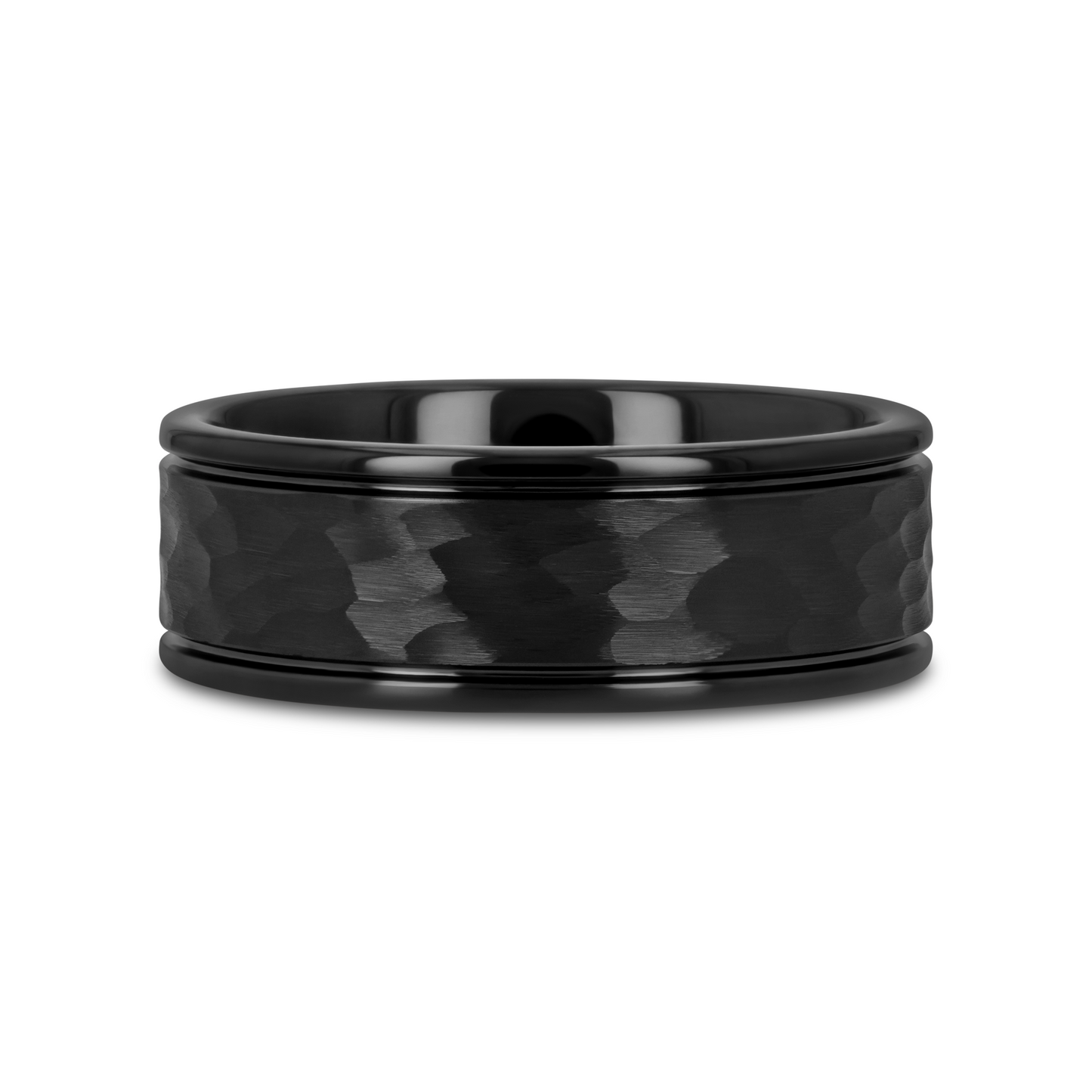 JOINER Hammered Finish Center Black Tungsten Carbide Wedding Band with Dual Offset Grooves and Polished Edges - 6mm or 8mm