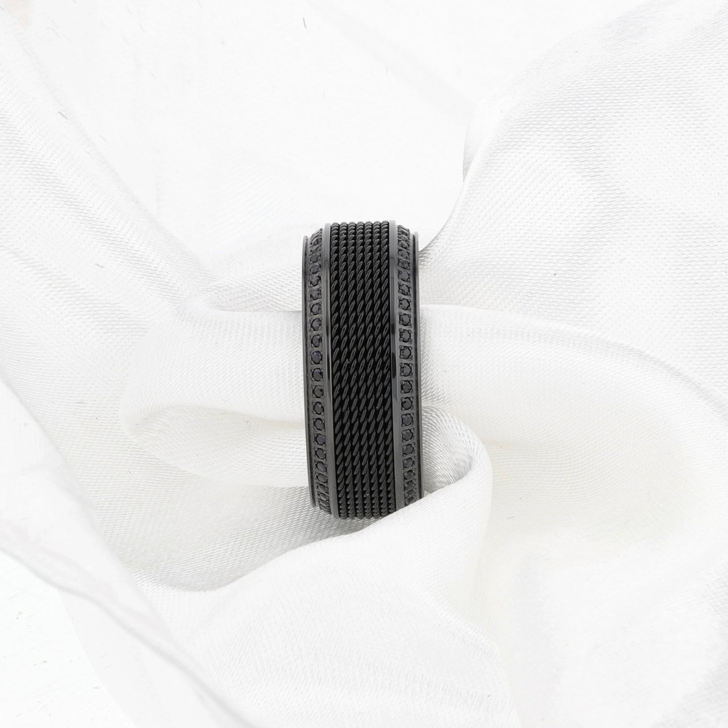 KNIGHT Steel Chain Black Titanium Wedding Ring Polished Beveled Edges Set with Round Black Diamonds - 10mm