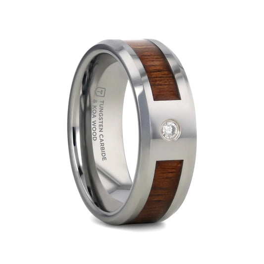 KAHUNA Tungsten Carbide Beveled Edged Diamond Wedding Band with Koa Wood Inlay & Polished Edges - 8mm