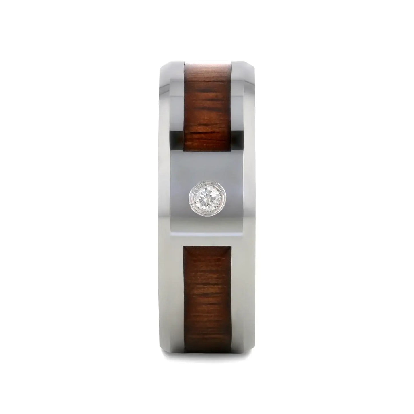 KAHUNA Tungsten Carbide Beveled Edged Diamond Wedding Band with Koa Wood Inlay & Polished Edges - 8mm