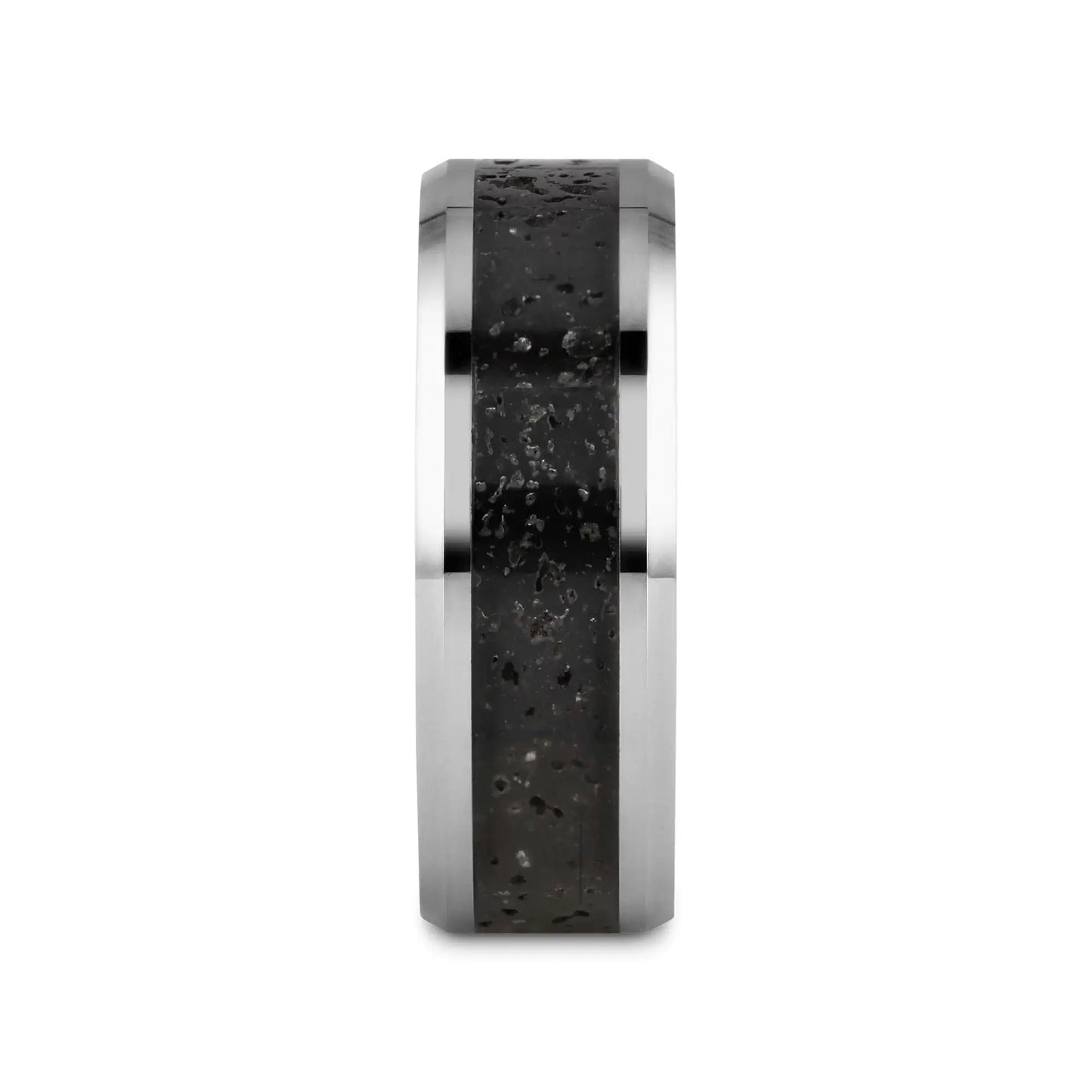 KILAUEA Men’s Polished Tungsten Wedding Band with Black & Gray Lava Rock Stone Inlay & Polished Beveled Edges - 8mm