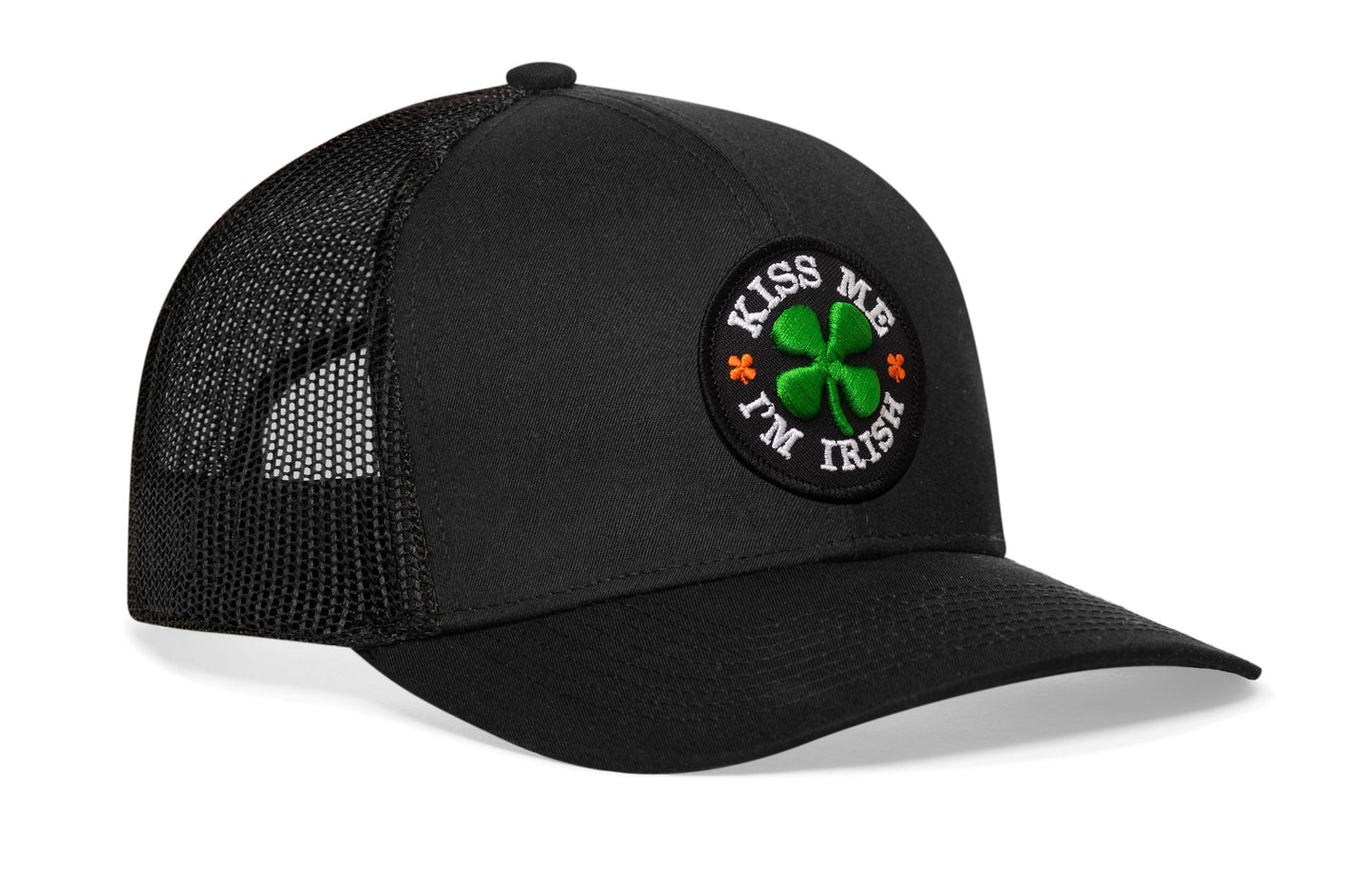 Kiss Me I'm Irish Trucker Hat  |  Black Shamrock Snapback
