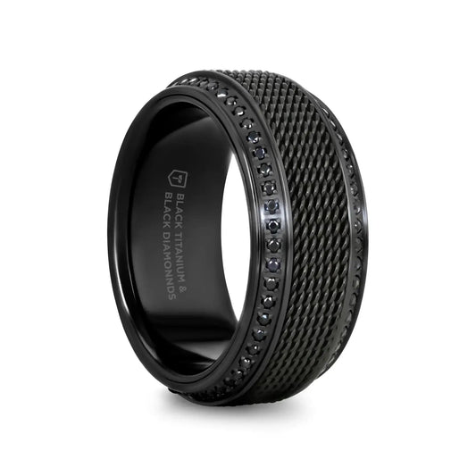 KNIGHT Steel Chain Black Titanium Wedding Ring Polished Beveled Edges Set with Round Black Diamonds - 10mm