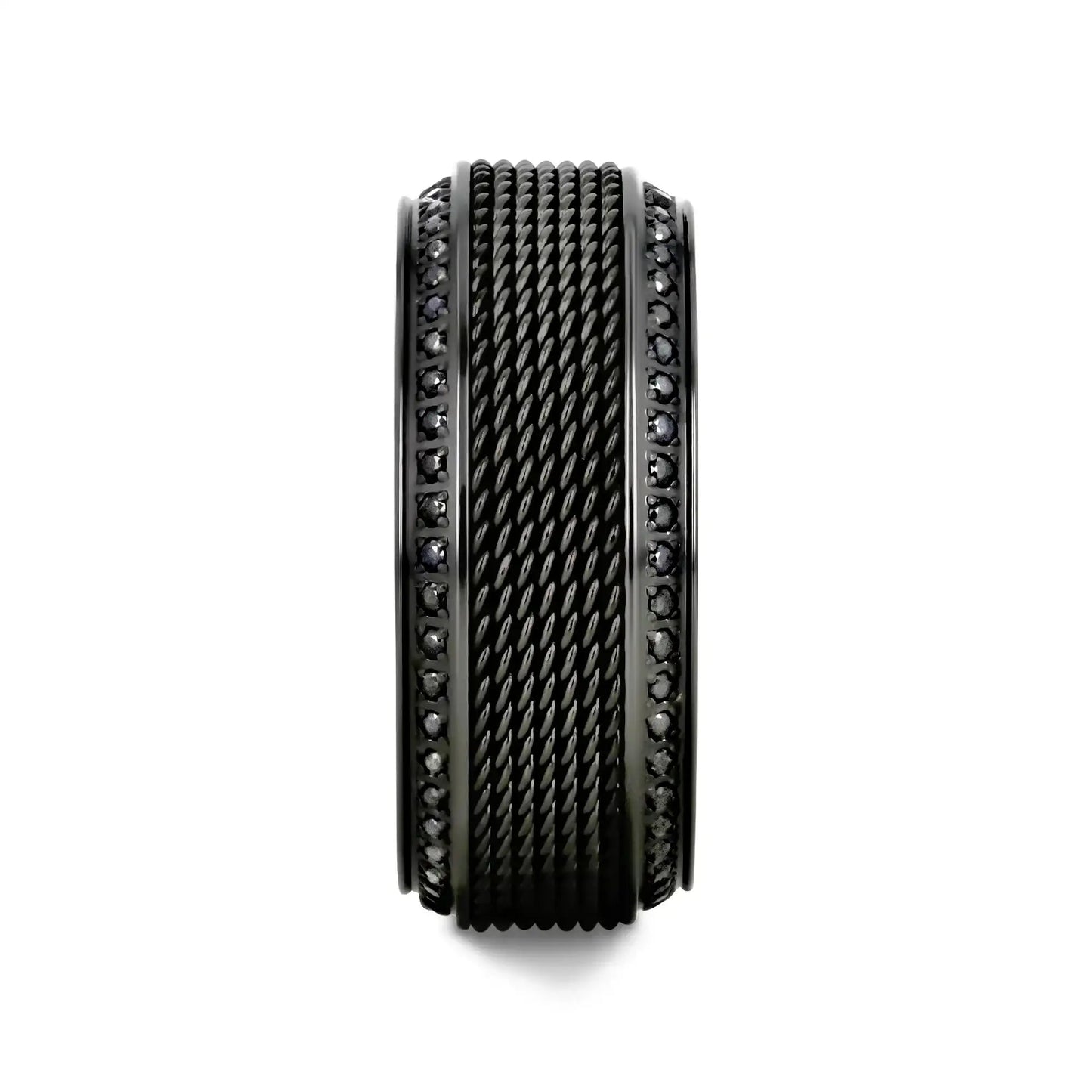 KNIGHT Steel Chain Black Titanium Wedding Ring Polished Beveled Edges Set with Round Black Diamonds - 10mm