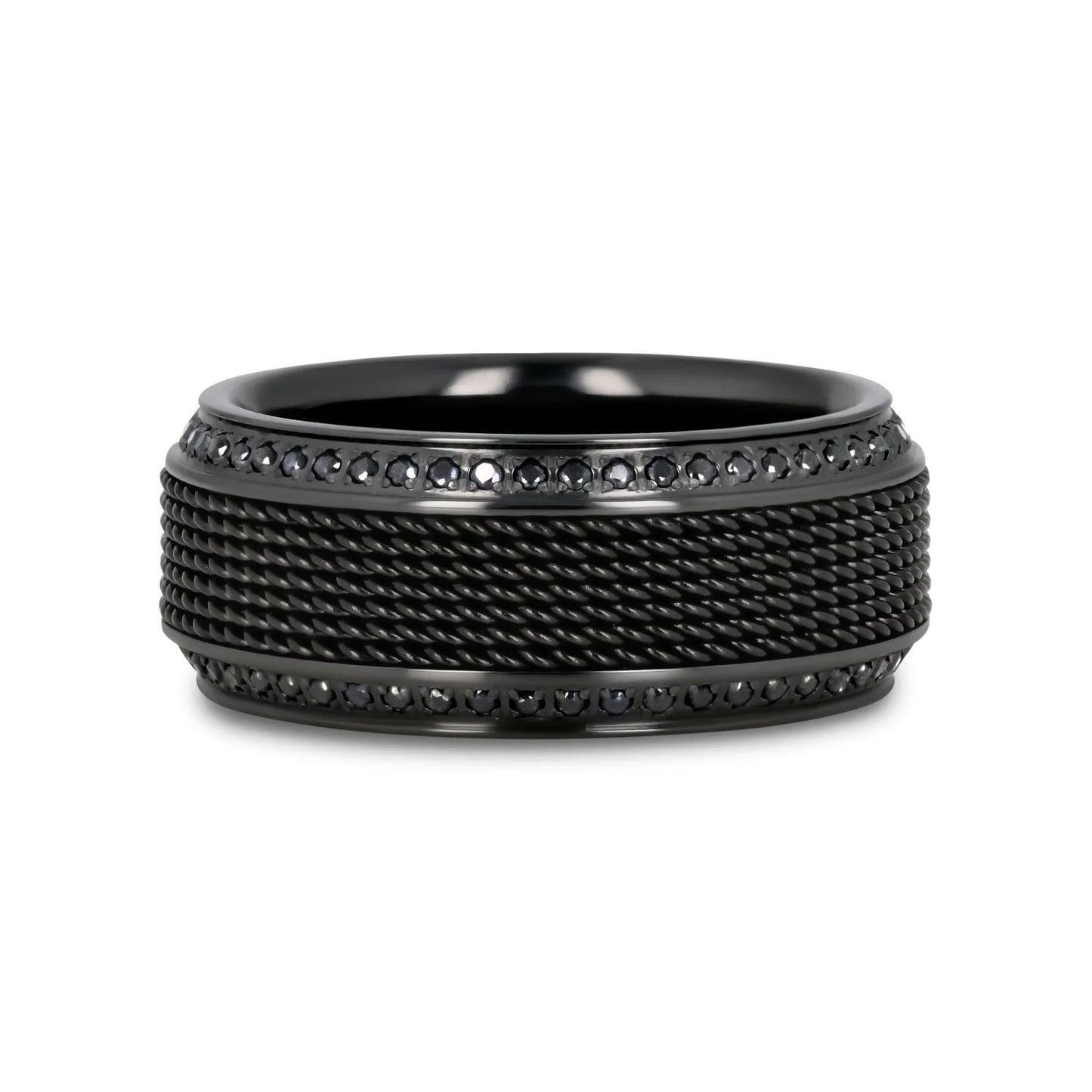 KNIGHT Steel Chain Black Titanium Wedding Ring Polished Beveled Edges Set with Round Black Diamonds - 10mm