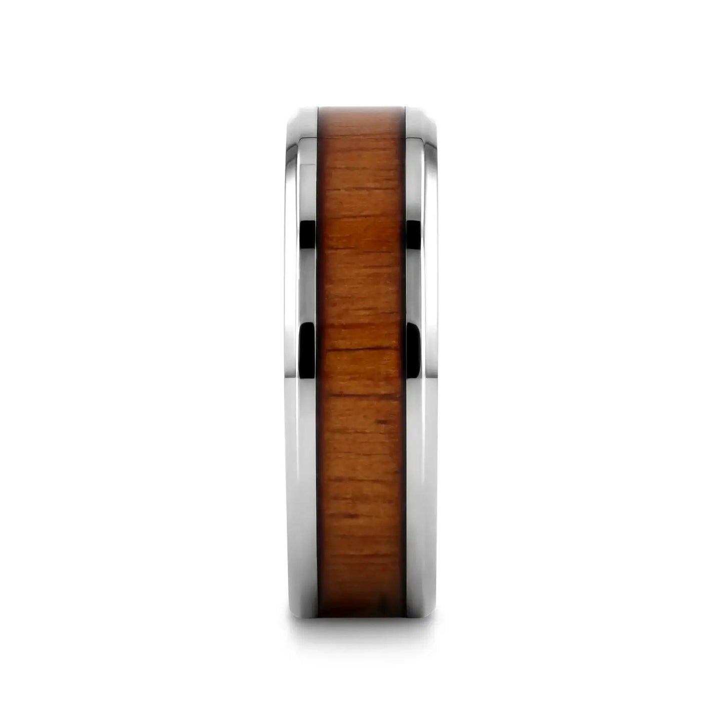 KOAN Titanium Polished Finish Koa Wood Inlaid Men’s Wedding Ring with Beveled Edges - 6mm & 8mm