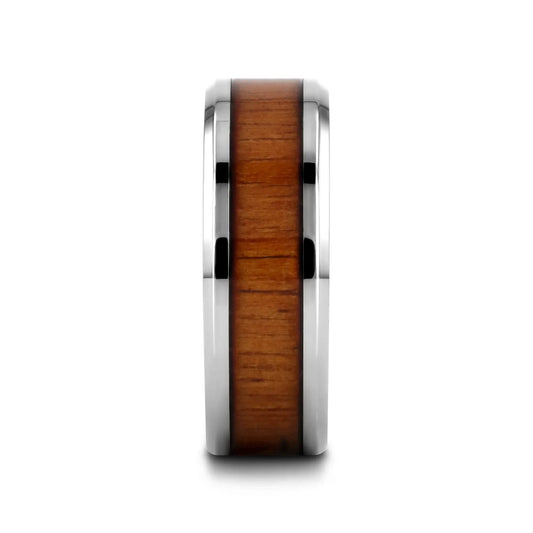 KOAN Titanium Polished Finish Koa Wood Inlaid Men’s Wedding Ring with Beveled Edges - 6mm & 8mm