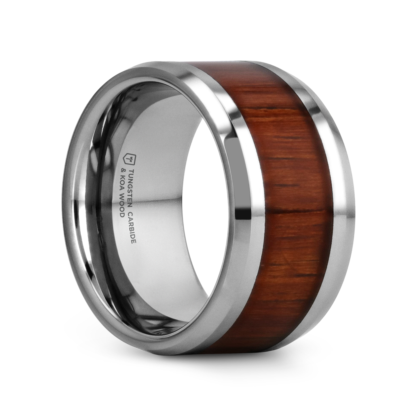 KONA Koa Wood Inlaid Tungsten Carbide Ring with Bevels - 12mm