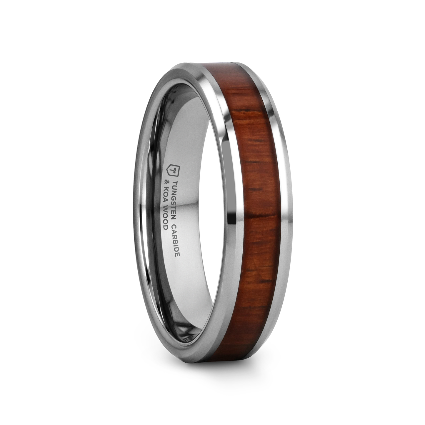 KONA Koa Wood Inlaid Tungsten Carbide Ring with Bevels - 4mm