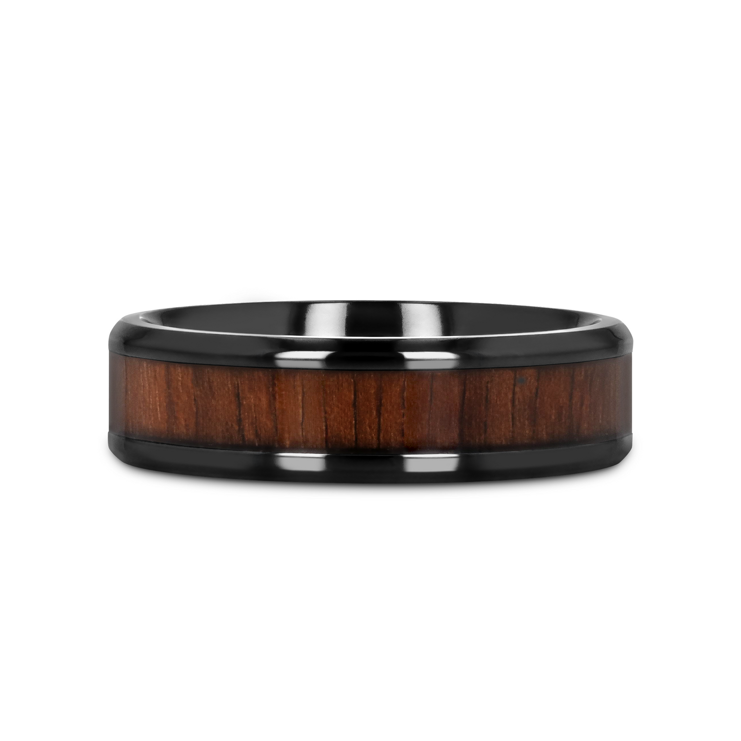 KONY Black Titanium Polished Beveled Edges Black Walnut Wood Inlaid Men’s Wedding Ring - 6mm & 8mm