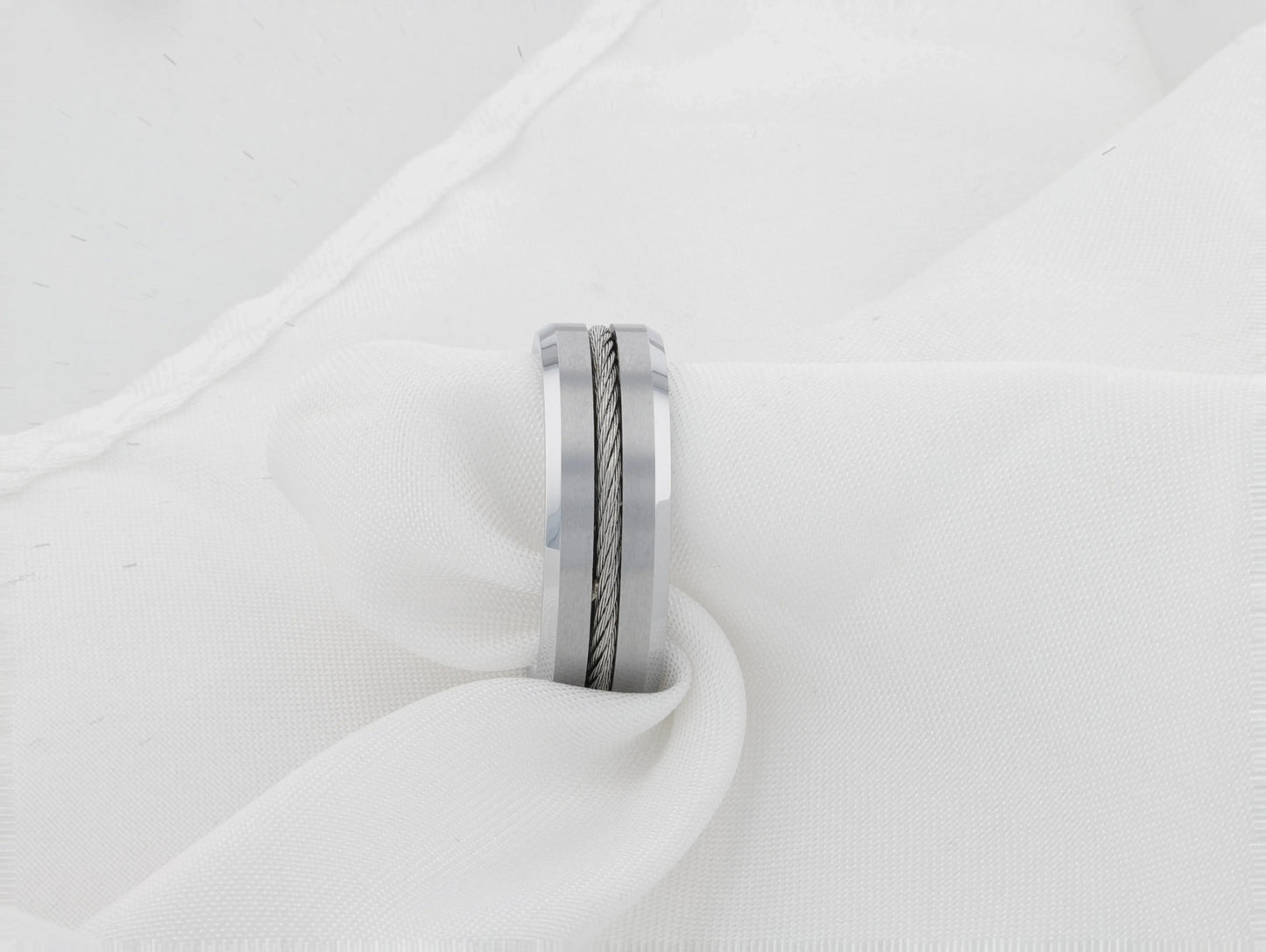 LANNISTER Men’s Tungsten Flat Wedding Band with Steel Wire Cable Inlay & Beveled Edges - 8mm