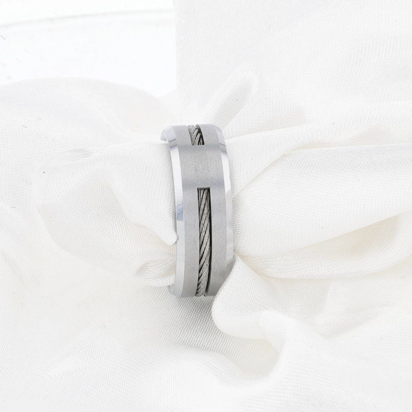 LANNISTER Men’s Tungsten Flat Wedding Band with Steel Wire Cable Inlay & Beveled Edges - 8mm