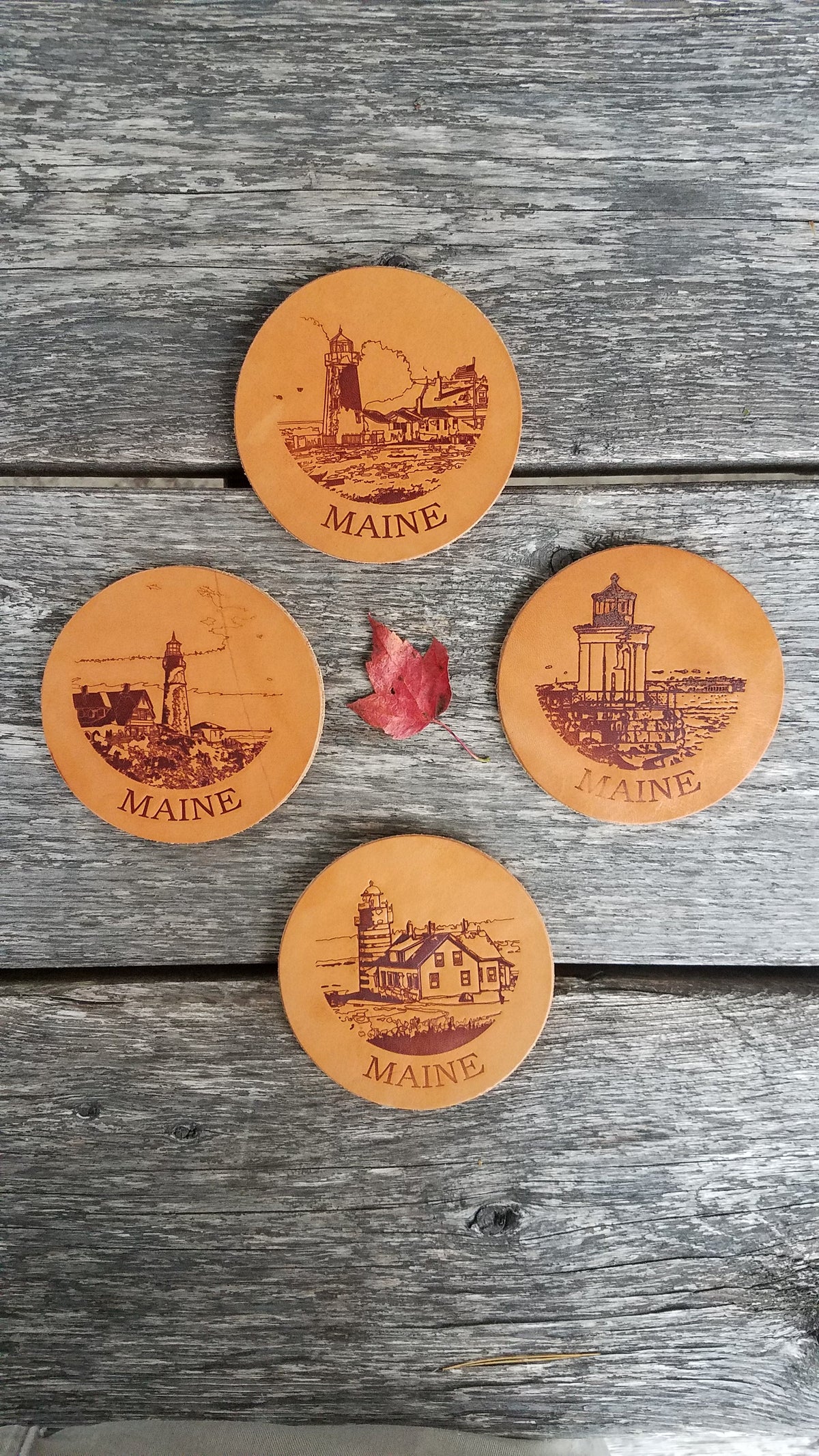 Leather Coasters with Maine Lighthouses Embossing