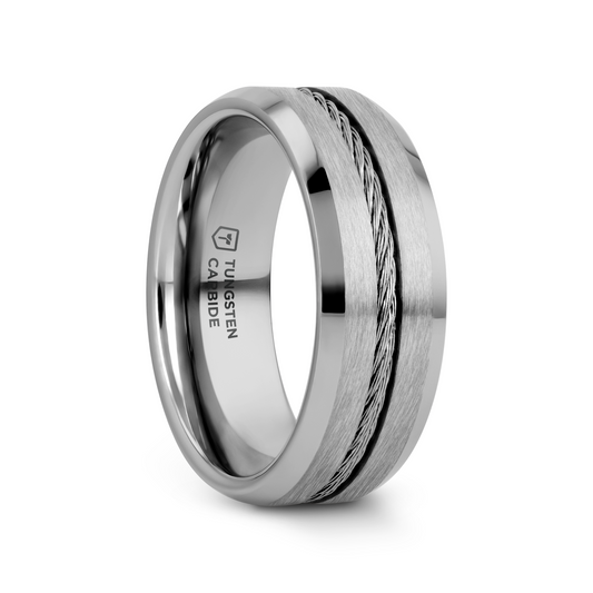 LANNISTER Men’s Tungsten Flat Wedding Band with Steel Wire Cable Inlay & Beveled Edges - 8mm