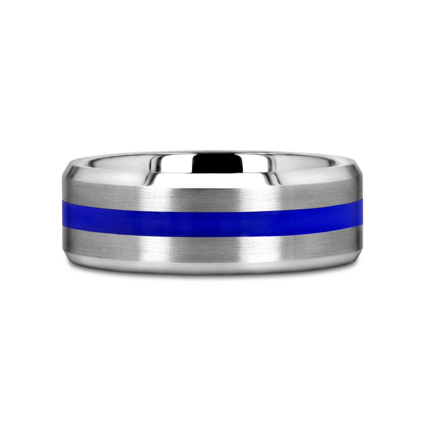 LAWSON Men’s Beveled Edges White Tungsten Brushed Finish Wedding Ring with Blue Stripe - 8mm