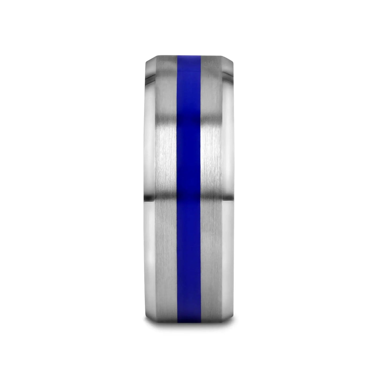 LAWSON Men’s Beveled Edges White Tungsten Brushed Finish Wedding Ring with Blue Stripe - 8mm