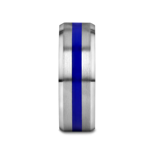 LAWSON Men’s Beveled Edges White Tungsten Brushed Finish Wedding Ring with Blue Stripe - 8mm