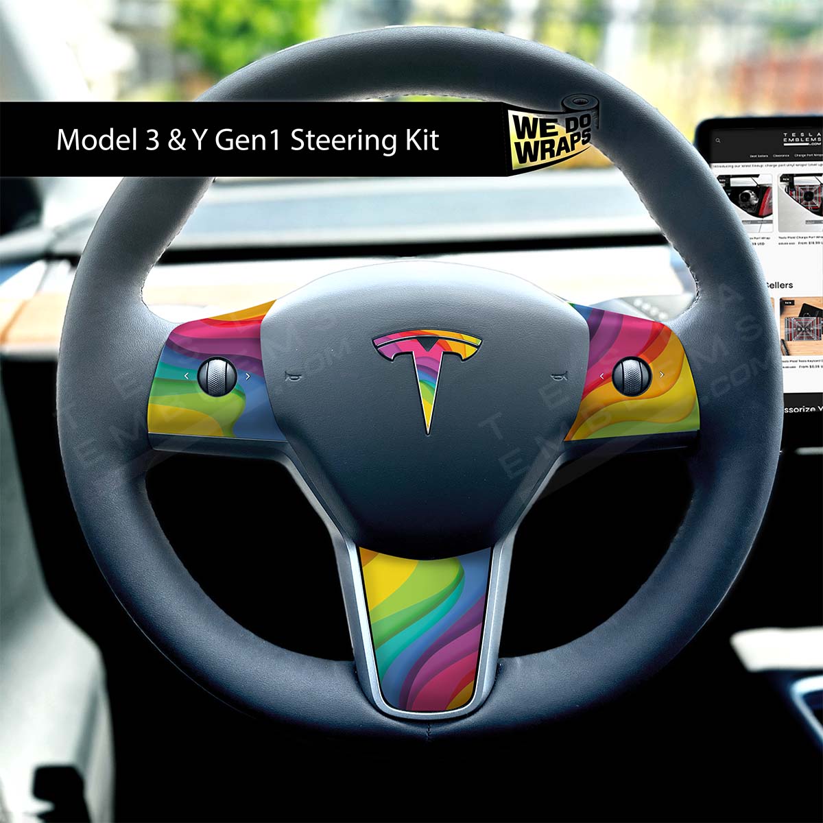 Layered Rainbow Tesla Steering Wheel Wrap | M3 2017-Jan 2024